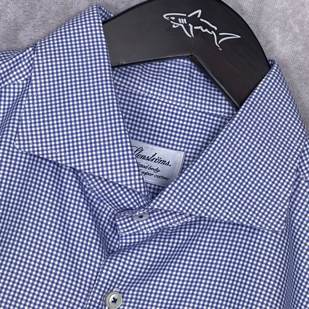 Stenströms Button Down Shirt Mens 17.5 Blue White Micro Check Fitted Body Cotton